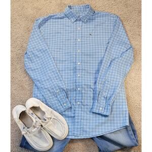 Vineyard Vines Boys XL Performance Whale Gingham Shirt Blue White UPF EUC
